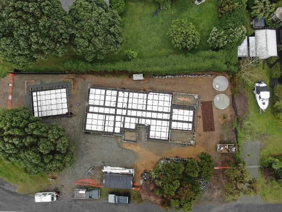 Aerial view of foundation slab under construction